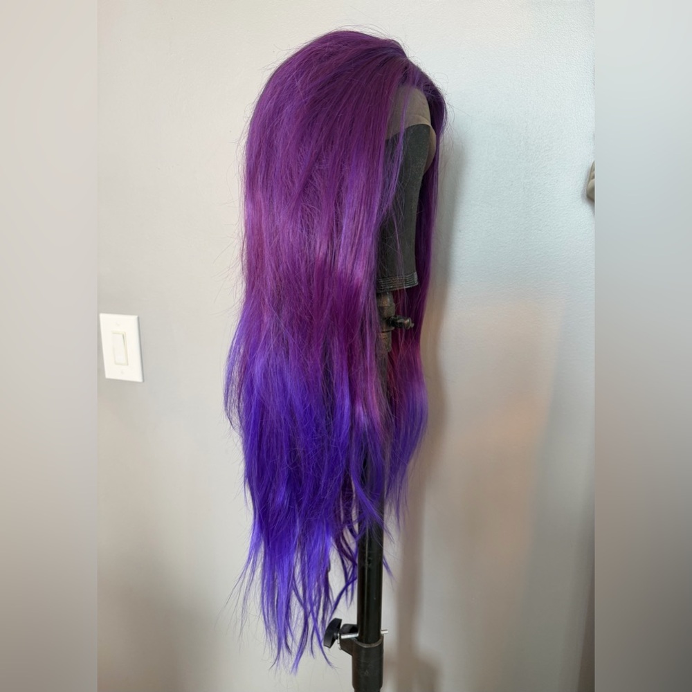Brand new 13x3 deep purple synthetic wig with violet tips and highlights. 26 in